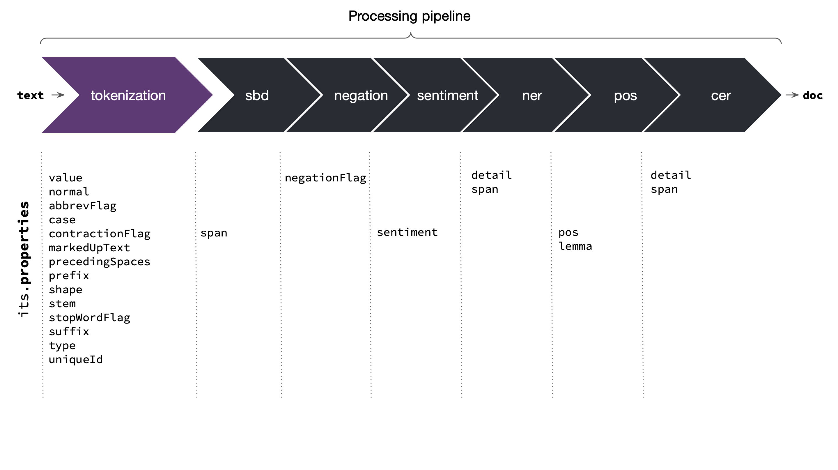 Processing pipeline: text, tokenization, SBD, negation, sentiment, NER, POS, CER